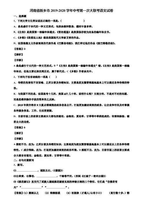 河南省新乡市2019-2020学年中考第一次大联考语文试卷含解析