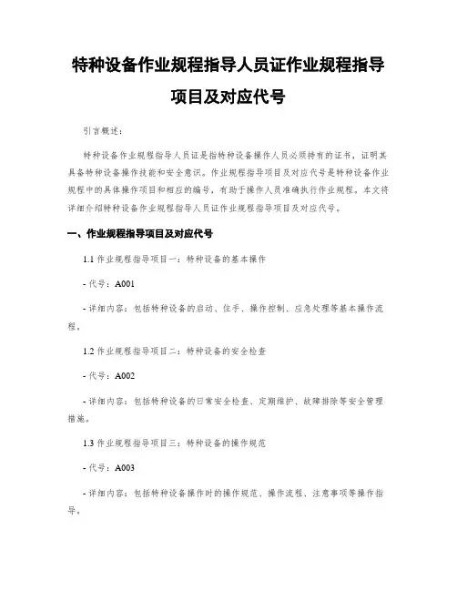 特种设备作业规程指导人员证作业规程指导项目及对应代号