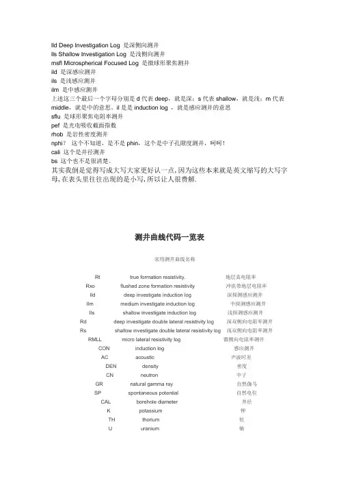 测井曲线代码一览表