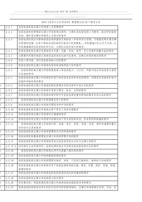2016《检验检测机构资质认定评审准则》需要建立的30个程序文件