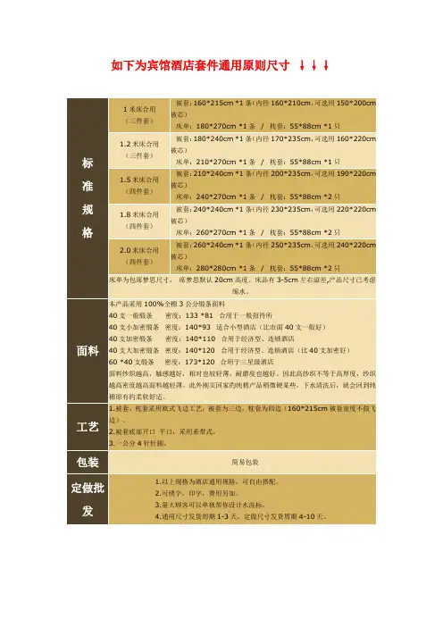 以下为宾馆酒店套件通用标准尺寸