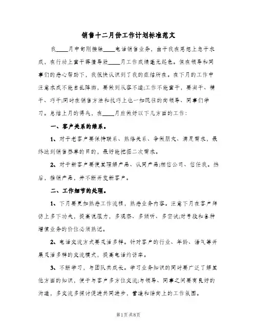 销售十二月份工作计划标准范文(5篇)