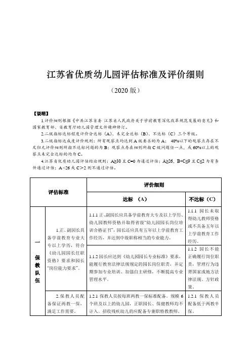 江苏省优质幼儿园评估标准及评价细则 (2020版)