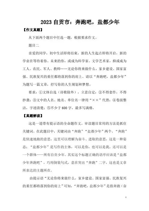 2023年中考真题作文解读及范文32： 奔跑吧,盐都少年(自贡市)