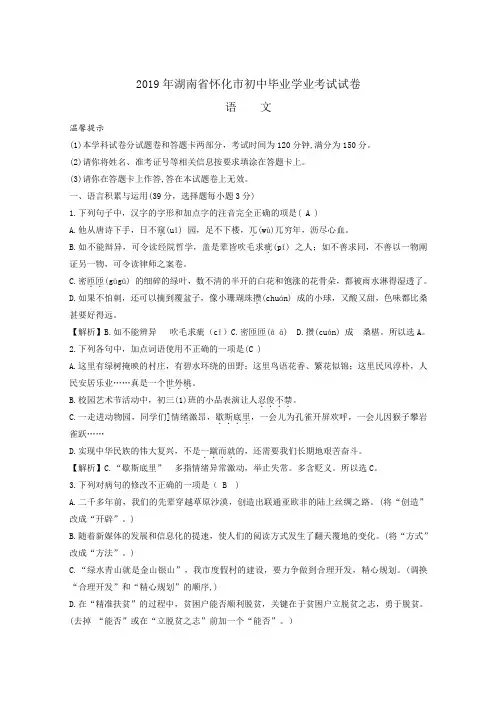 2019年湖南省怀化市中考语文试题( 含解析)