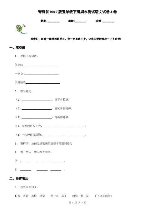 青海省2019版五年级下册期末测试语文试卷A卷