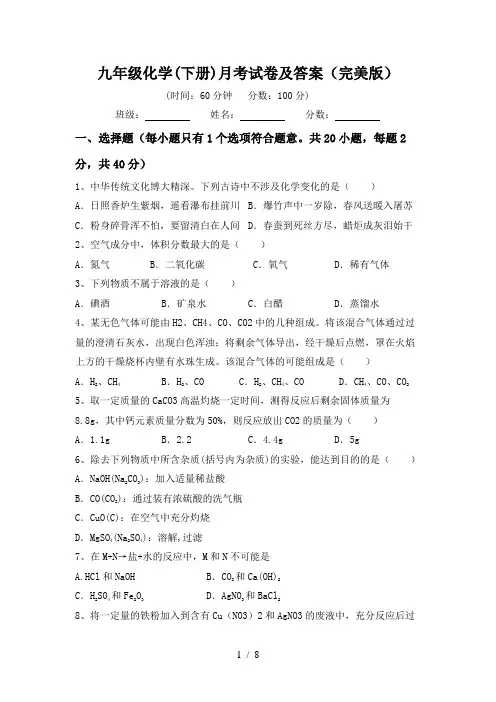 九年级化学(下册)月考试卷及答案(完美版)