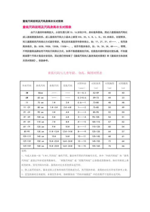 童装尺码说明及尺码身高衣长对照表