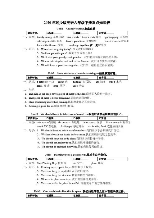2020年湘少版英语六年级下册各单元重点知识表
