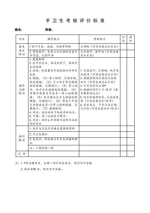 手卫生考核评价标准