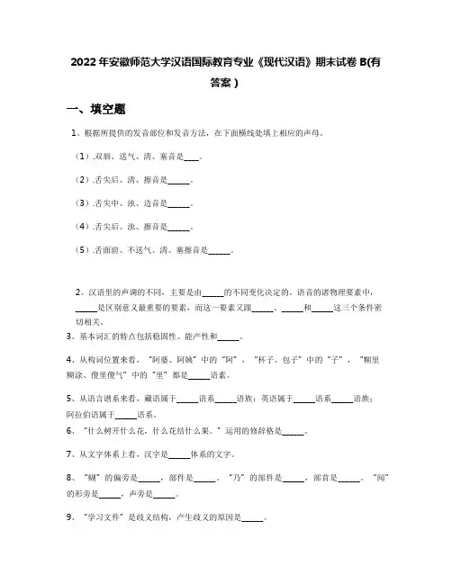 2022年安徽师范大学汉语国际教育专业《现代汉语》期末试卷B(有答案)