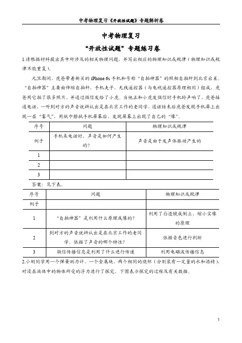 中考物理复习《开放性试题》专题解析卷