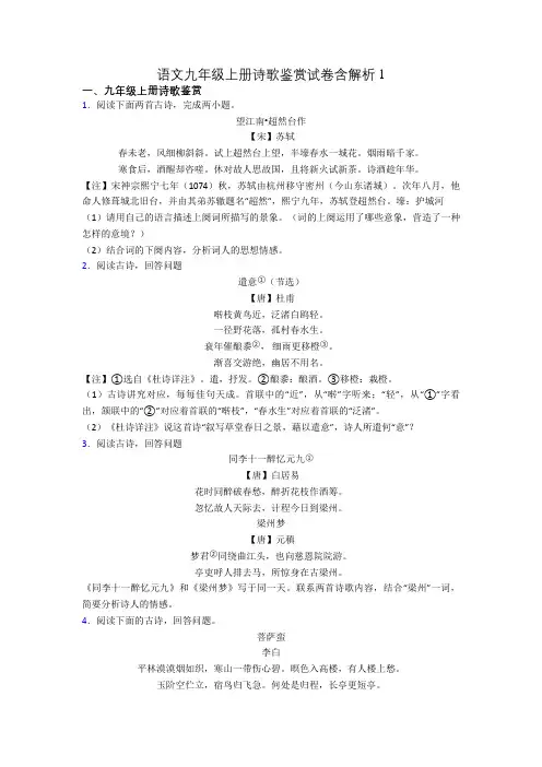 语文九年级上册诗歌鉴赏试卷含解析1