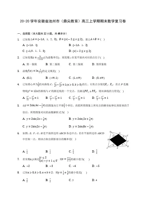 20-20学年安徽省池州市(鼎尖教育)高三上学期期末数学复习卷 (有解析)