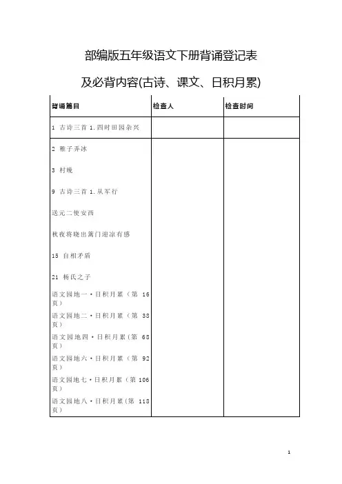 部编版五年级语文下册背诵登记表及必背内容(课文古诗日积月累)