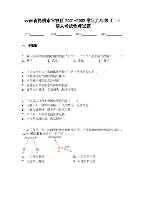 云南省昆明市官渡区2021-2022学年九年级（上）期末考试物理试题