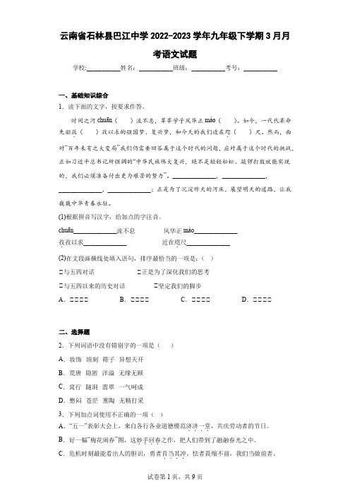 云南省石林县巴江中学2022-2023学年九年级下学期3月月考语文试题(含解析)