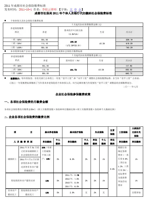 2011年成都市社会保险缴费标准