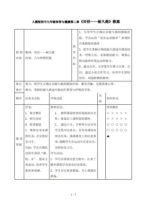 人教版初中九年级体育与健康第二章《田径——耐久跑》教案