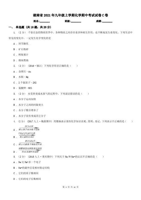 湖南省2021年九年级上学期化学期中考试试卷C卷