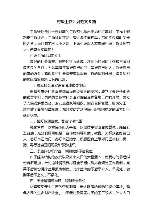 村级工作计划范文5篇