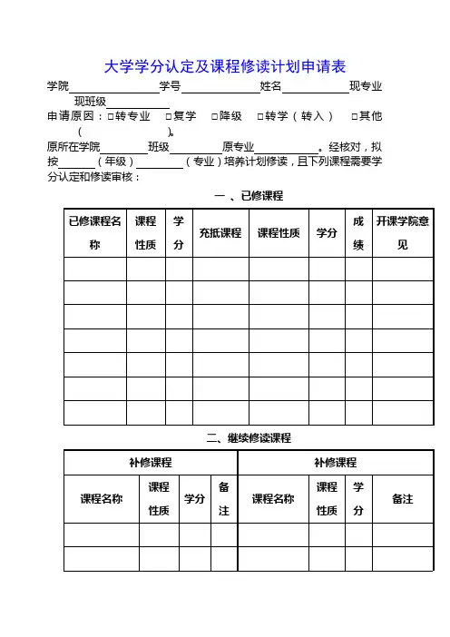 大学学分认定及课程修读计划申请表