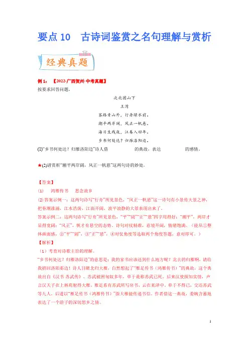 2023年中考语文一轮复习考点突破 要点10 诗词鉴赏之名句理解与赏析