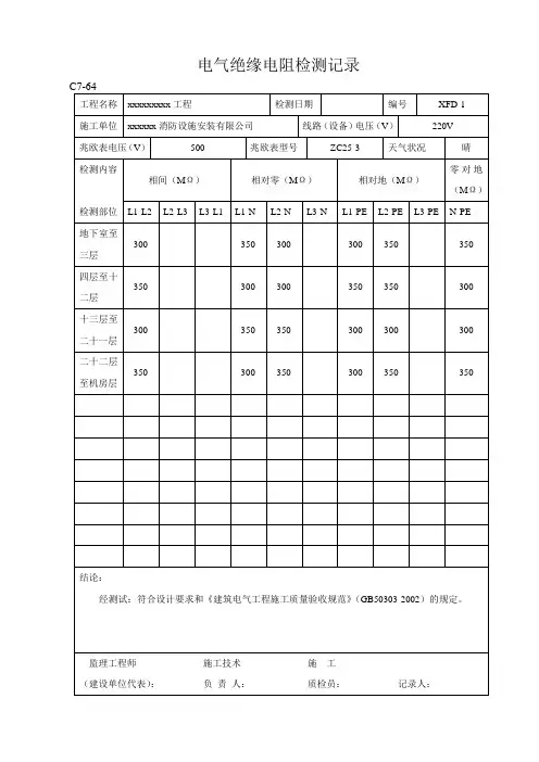 绝缘电阻测试记录
