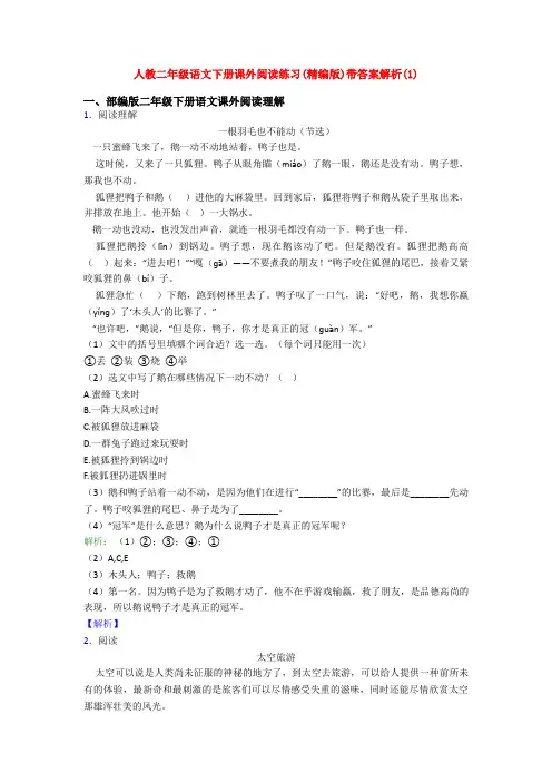人教二年级语文下册课外阅读练习(精编版)带答案解析(1)