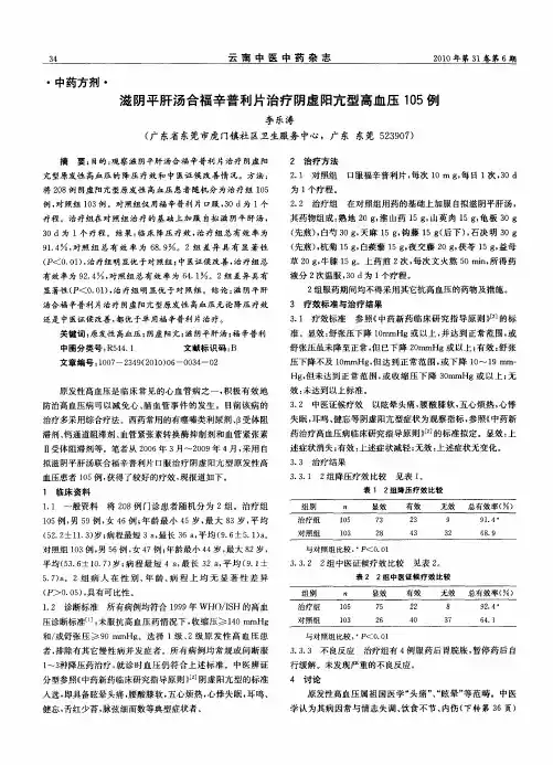 滋阴平肝汤合福辛普利片治疗阴虚阳亢型高血压105例