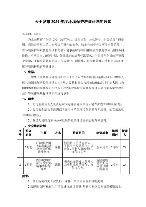 环境保护年度培训计划
