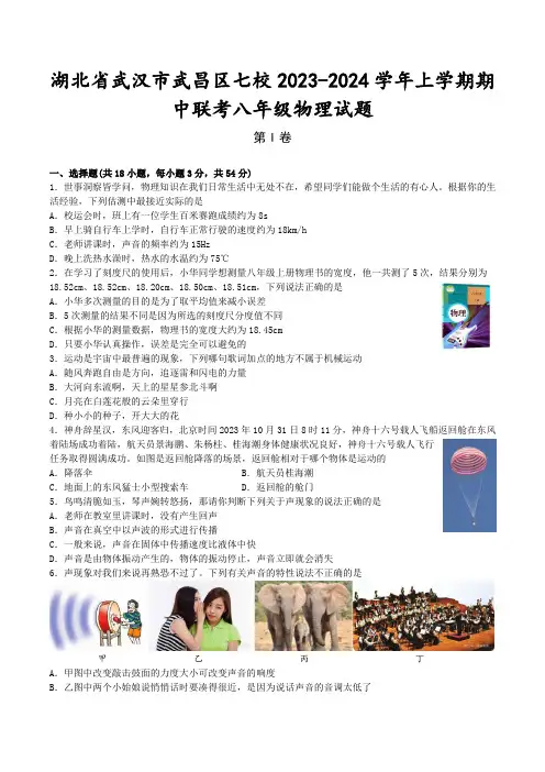 湖北省武汉市武昌区七校2023-2024学年八年级上学期期中联考物理试题