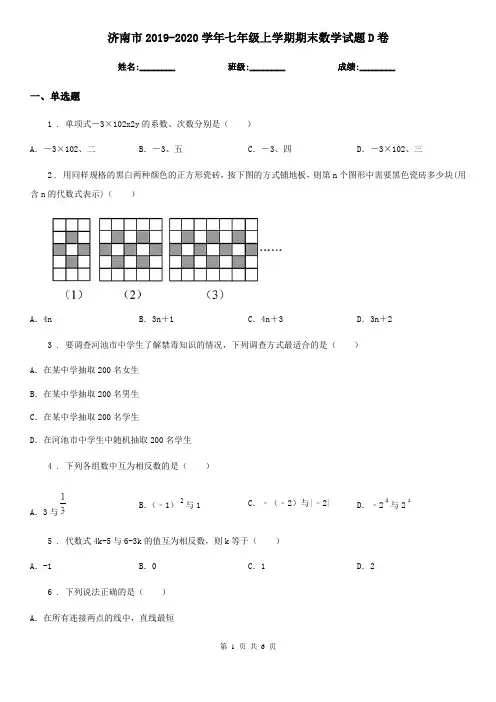 济南市2019-2020学年七年级上学期期末数学试题D卷
