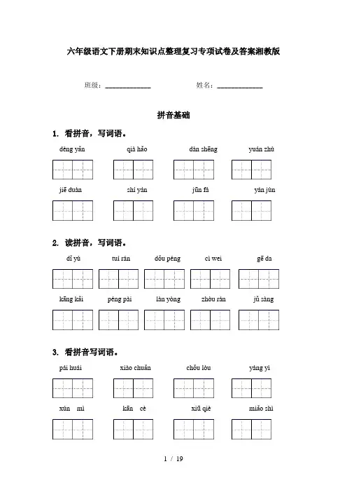 六年级语文下册期末知识点整理复习专项试卷及答案湘教版