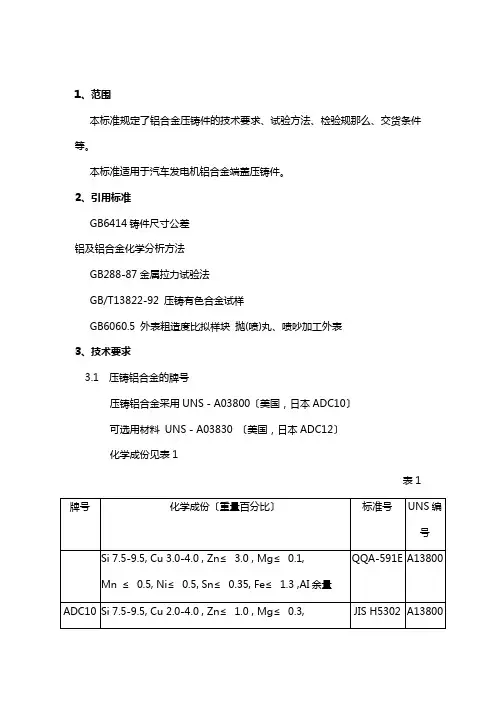 铝合金压铸技术要求