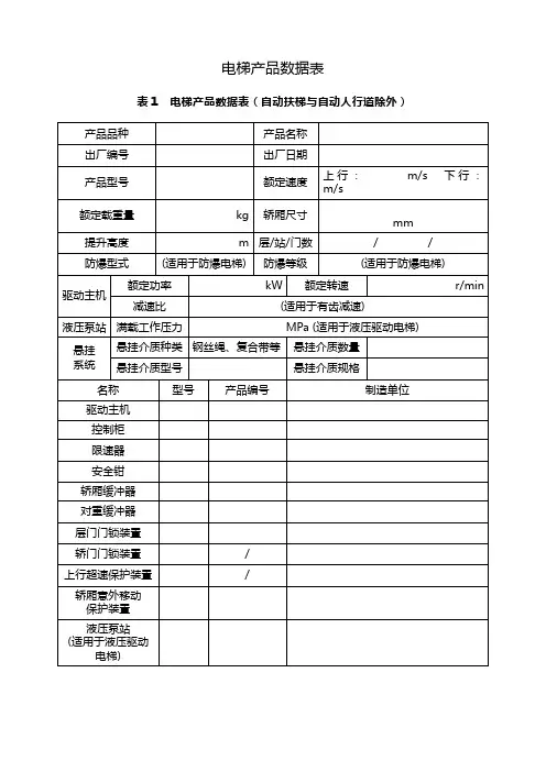 电梯产品数据表 - 材料样本
