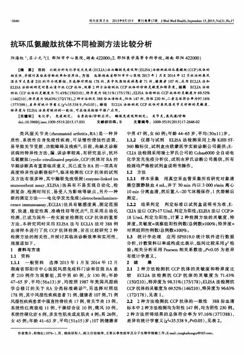 抗环瓜氨酸肽抗体不同检测方法比较分析