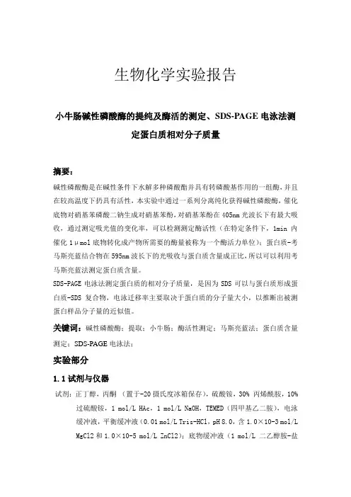 生物化学实验——小牛肠碱性磷酸酶的提纯及酶活的测定、SDS-PAGE电泳法测定蛋白质相对分子质量
