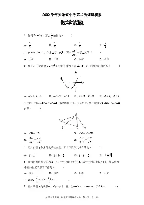 2020学年安徽省中考第二次调研模拟数学试题及参考答案