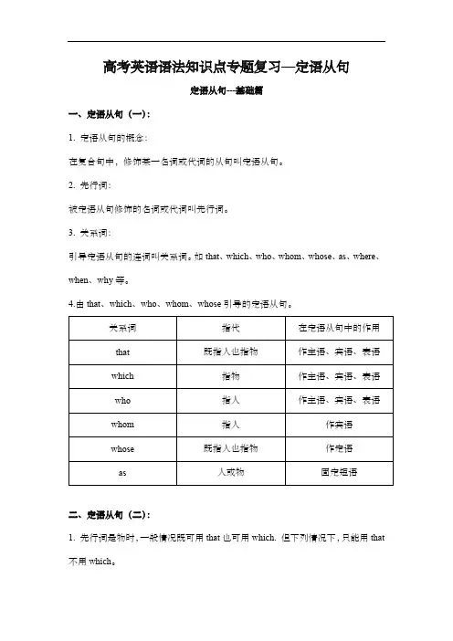 高考英语语法知识点专题复习—定语从句