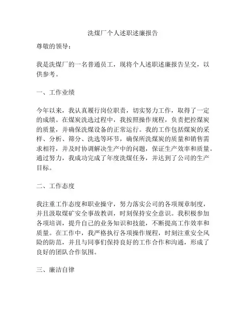 洗煤厂个人述职述廉报告