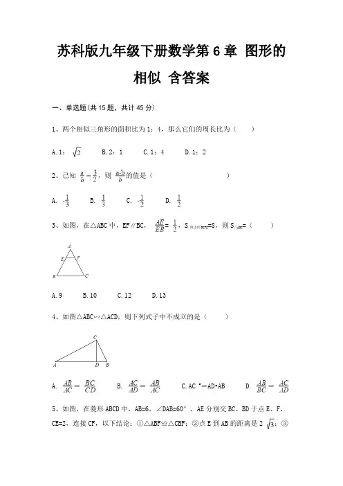 苏科版九年级下册数学第6章 图形的相似 含答案