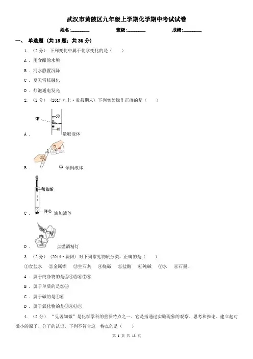 武汉市黄陂区九年级上学期化学期中考试试卷
