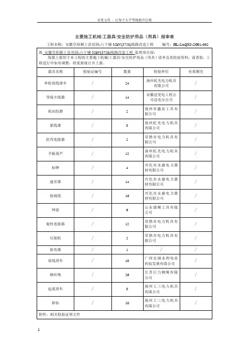 主要施工机械工器具安全防护用品(用具)报审表及
