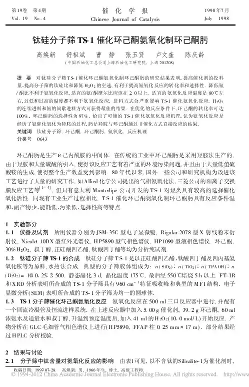 钛硅分子筛TS_1催化环己酮氨氧化制环己酮肟_高焕新