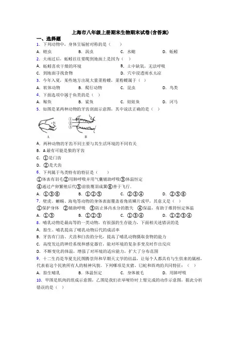 上海市八年级上册期末生物期末试卷(含答案)