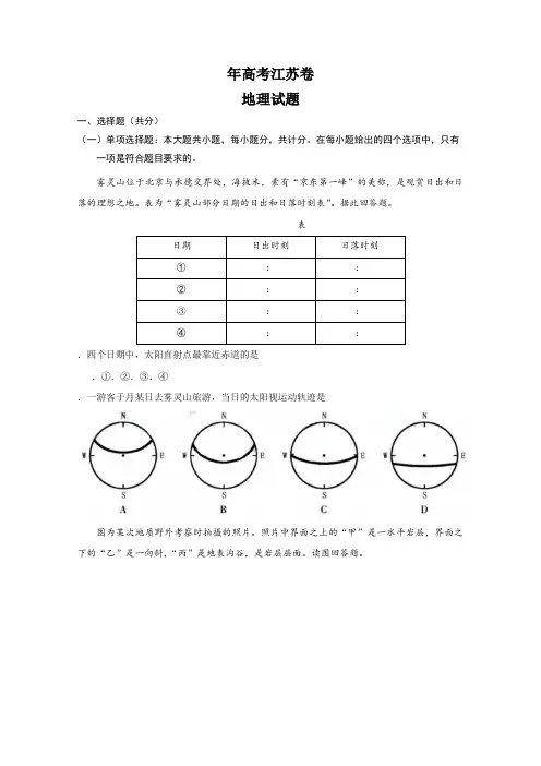 2019年高考真题地理(江苏卷含答案)