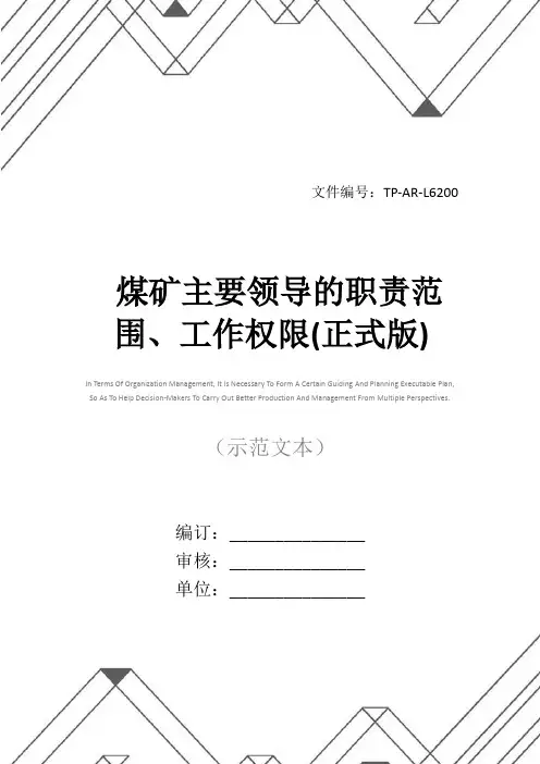 煤矿主要领导的职责范围、工作权限(正式版)