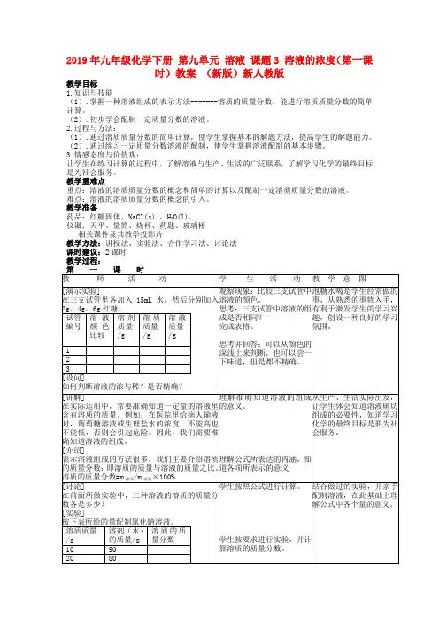 2019年九年级化学下册 第九单元 溶液 课题3 溶液的浓度(第一课时)教案 (新版)新人教版