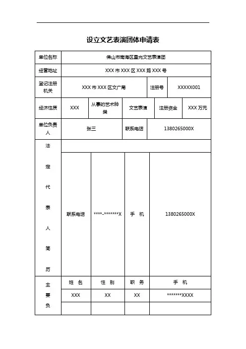 设立文艺表演团体申请表